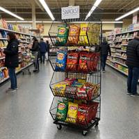 5-stöckiges Drahtkorb-Supermarkt-Displayregal, mobiles Snackregal mit Rollen, Lochplatten-Metall-Brotständer für den Einzelhandel