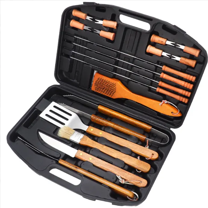19 In 1 BBQ Tool Set with wooden handle and Premium Hard-Shell Case,Contains 19 Stainless Steel BBQ Grilling Tools