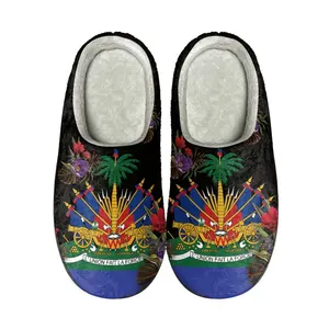नई आगमन हैती झंडे पैटर्न पोलेनीशियाई जूते कस्टम अपने लोगो कपास चप्पल सर्दियों कम लागत के लिए महिला इनडोर चप्पल