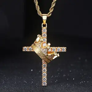 Luxus 18 Karat echt vergoldet Voll diamant Kreuz Anhänger Halskette Micro Pave CZ Imperial Crown Halskette für Hip Hops Schmuck