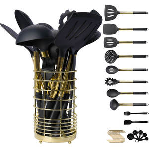 Gold Plated Handle Heat Resistant Non‑Stick <b>Silicone</b> Kitchen Utensils Set Cooking Tools with Gold Metal Storage Holder - Product Image 1