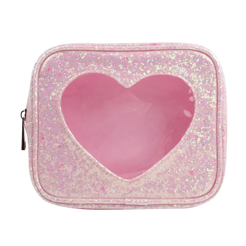 Heart Designed Glitter PU Leather Pouch Travel Make Up Cosmetic Bag With Zipper
