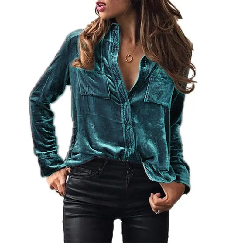 RNSHANGER Automne Couleur Unie Femmes Blouses Mode Velours Bouton Manches Longues Élégant Col Rabattu Dames Chemise avec Poche