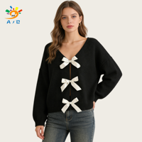 Vêtements pour femmes en gros d'usine : Cardigan élégant en polyester à col en V avec nœud, couleur unie, aspect tricoté en laine, séchage rapide et respirant