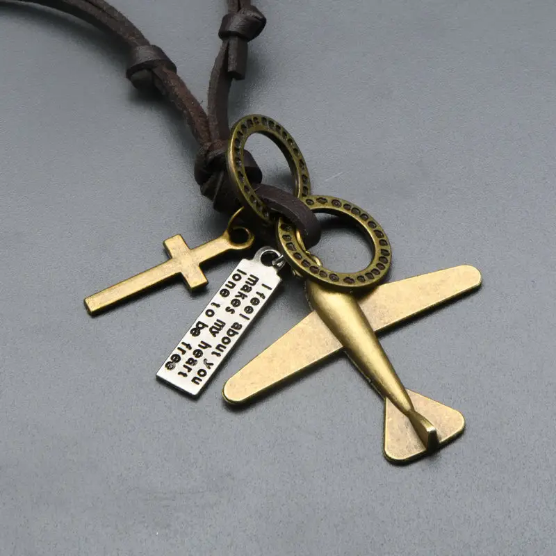 Cheap Jewelry Lovely Plane Cross Charms Antique Bronze Plated Leather Chain Necklace For Couple Jewelry