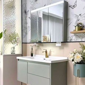 Multi-space storage mirror cabinet with top <b>LED</b> single-color <b>light</b> strip tissue paper hole white washbasin - Product Image 1