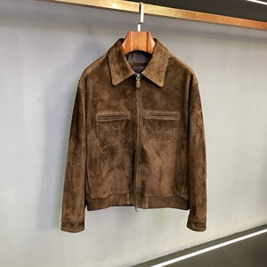 <b>Men's</b> <b>Brown</b> <b>Suede</b> Leather <b>Jacket</b> Loro Stand Collar Zipper Closure Piana Casual Autumn Wear Regular Fit Solid Color Thick Materia - Product Image 2