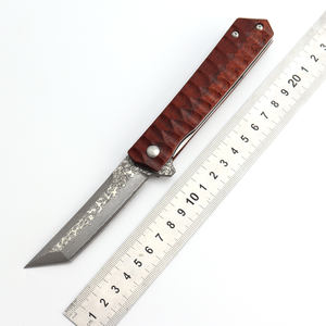 KITCHENCARE Cuchillo de bolsillo Supervivencia Cuchillo plegable de madera Cuchillo de acero de Damasco al aire libre - Product Image 1