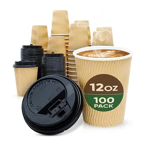 Оптовая продажа, коричневые одноразовые кофейные чашки с волнистой изоляцией и крышками, 12 унций