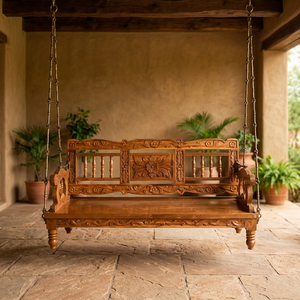 Carved Wooden <b>Swing</b> Sofa <b>Chair</b> Hanging <b>Chair</b> <b>Outdoor</b> & Indoor Use 3-Person Quick-Dry Cushion - Product Image 1