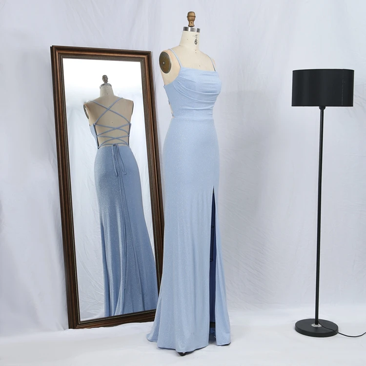 bridesmaid 2023 blue sparkle knitted jersey Floor Length Women Lace Up Back Long Evening Gown Prom Dress