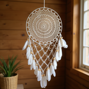 Acchiappasogni 35cm x 90cm Bianco all'Uncinetto con Piume Decorazione da Parete - Product Image 3