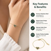 Nouveau Bracelet Cœur Tendance en Acier Inoxydable Plaqué Or 18K avec Zircon Vert, Chaîne Câble Ajustable, Cadeau d'Amour pour Fête
