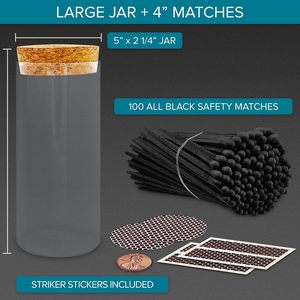 装飾用マッチガラス瓶 |   4インチ オールブラック ロングマッチ (100本) + コルク製トップホルダー + ストライカーステッカー |   安全で環境に優しい - Product Image 2