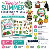 Lot de patchs brodés thermocollants ou à coudre Hawaïens, motifs Aloha, Palmier, Tiki, Ananas, Flamant rose, Cocktail, Monstera