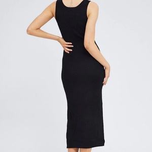 Vestido midi casual de punto acanalado con busto contorneado y tirantes finos con abertura lateral para mujer, color negro - Product Image 3