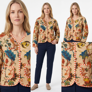 Veste matelassée décontractée pour femmes, col en V, patchwork, imprimé floral, coton, blazer fait main, manches courtes ou longues pour femmes - Product Image 1
