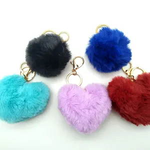 Wholesale Pom Pom Key Chains Ball Or Heart Fur Keychain Bulk Pompom Fluffy Keychain