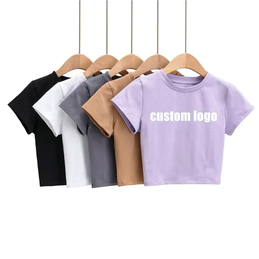 Sommer Damen-T-Shirts Fitness-Fit Custom einfarbig schlicht zugeschnittenes Logo-T-Shirt Baumwolle T-Shirts Damen-Crop-Tops T-Shirt für Damen