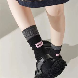 Honeycolor Women's Mid-Calf Slouch <b>Socks</b> Gray And <b>Black</b> Color Blocking Thermo Sweat Absorbing Polyester Fiber - Product Image 2