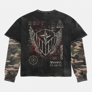 เสื้อยืดคัสตอม 300Gsm ลายพิมพ์กราฟิกแขนลายพรางสองชั้น ทรงบ็อกซี่ สไตล์สตรีทแวร์ ผู้ชาย ลุคเท่ๆ  ผ่านกระบวนการ Acid Wash - Product Image 2