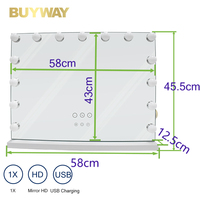 Miroir de maquillage LED Bluetooth 58x46cm avec 15 ampoules à intensité variable, commande tactile, style studio, support réversible