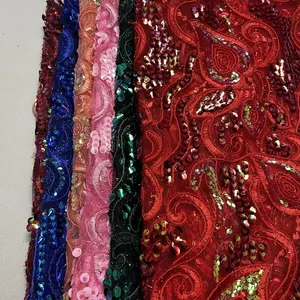 Stretch African Tulle Sequin Lace Fabric Heavy Weight Sequins Fabric For Saree