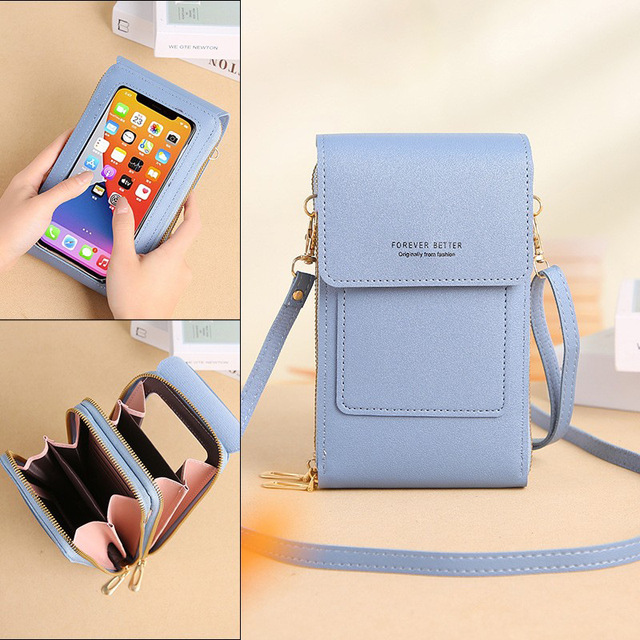 Touchscreen PU Phone Bag Womens Crossbody Clutch Mini Phone Pouch Multi-Function Key Coin Purse Zippered Polyester Vertical
