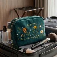 Pochette de maquillage personnalisée en velours brodé style coréen, grande capacité, organiseur de cosmétiques avec appliques, étui à pinceaux de maquillage zippé pour voyage