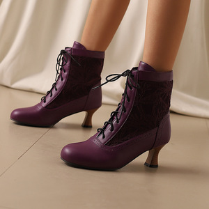 2026New Vintage Women Shoes <b>Brown</b> Leather Jacquard Spliced Ankle <b>Boots</b> With Front <b>Lace</b> Up And Kitten Heel Walks And Gatherings - Product Image 4