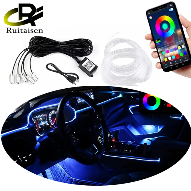 USB LED Car Ambient Interior Light Fiber Optic EL Wire Auto Atmosphere Decorative Lamp with APP Control RGB Neon Strip 12V