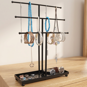 Modern Black Jewelry Display Stand with Adjustable Bars and Tray for Necklaces Bracelets <b>Watches</b> Rings Organized Storage Rack - Product Image 1