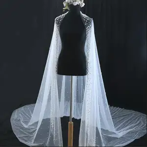 2023婚礼面纱3m大教堂长度珍珠串珠一层白色象牙珍珠面纱无梳新娘配饰