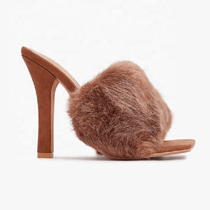 Mules d'été pour femmes en fourrure moelleuse, à bout carré ouvert, à bride unique, à talon fin, confortables, pour grandes tailles, printemps et extérieur - Product Image 4