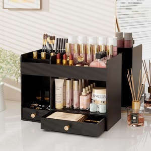 <b>Makeup</b> Organizer Storage <b>Box</b> With Drawers Desktop Cosmetic Rack For <b>Makeup</b> Skincare 2 Tier Black Wood Style - Product Image 1