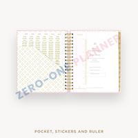 Planificateur de tissu en lin rose personnalisé grande bobine à double spirale en or non datée toutes les 12 heures par semaine agenda de journal mensuel