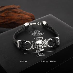 Cross <b>Leather</b> <b>Bracelet</b> For Men Skull Pendant Black Braided Woven Jewelry Everyday Wear - Product Image 2