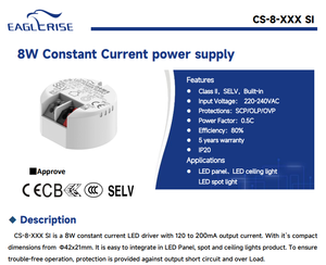 ไดรเวอร์ LED กระแสคงที่ Eaglerise CS-8-200 SI 8W 200mA 30-40V 220-240Vac รูปทรงกลม รองรับ SELV IP20 พร้อมแหล่งจ่ายไฟในตัว - Product Image 2