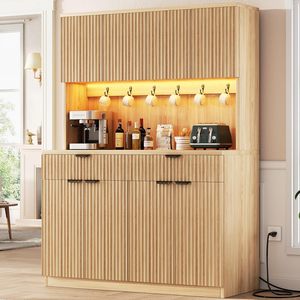 Armoire <span class=keywords><strong>de</strong></span> rangement <span class=keywords><strong>de</strong></span> cuisine moderne en bois avec éclairage LED, portes vitrées, étagères réglables, support pour micro-ondes, grande capacité - Salle à manger/<span class=keywords><strong>Salon</strong></span> - Product Image 1