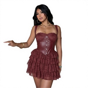Sexy PU Leather Tank <b>Top</b> Lace A-Line Dress Breathable New Summer <b>Women</b> Two Piece Set - Product Image 4