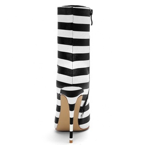 Rivets Studs Women Thin High-Heeled Mid-calf <b>Boots</b> Pointed Toe Winter Fashion Black White Stripes Booties Lady Dress <b>Boots</b> - Product Image 4