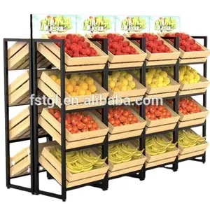 Superventas, diseño de soporte de metal y madera para frutas y verduras de 4 niveles para supermercado