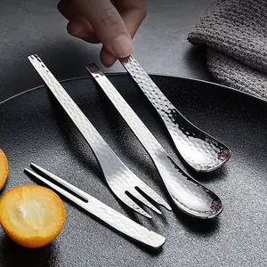 Japanese 304 Stainless Steel Exquisite Hammer Pattern Dessert Fork Metal Dessert Spoon Mini Fruit Fork for Restaurant