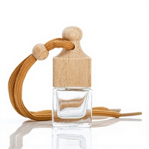 Custom Logo Hanging Clear <b>Car</b> Air Freshener 8ml Square <b>Diffuser</b> <b>Car</b> Glass Empty Perfume <b>Bottles</b> With Wooden Cover - Product Image 1