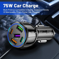 Mini chargeur de voiture USB à affichage numérique en métal 75W 5 en 1 Adaptateur de charge rapide 3USB + 2PD Compatible