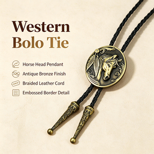 Cravate Bolo Western Vintage pour Homme, Pendentif Tête de Cheval, Finition Bronze Antique, Cordon en Cuir Tressé, Accessoire Décontracté pour Chemise - Product Image 1
