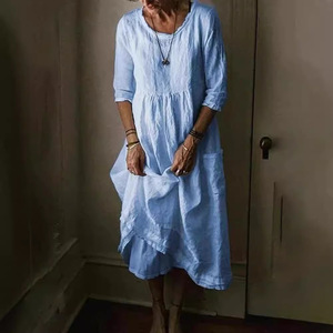 2026 Solid Color High Waist Women Garment Cotton Pleated Loose Literary Dress - Product Image 2