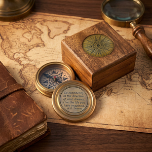Engraved Brass <b>Compass</b> With Thoreau Quote In Wooden Box Vintage Nautical Style Round Design Business Gift - Product Image 2