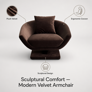 <span class=keywords><strong>Fauteuil</strong></span> <span class=keywords><strong>pivotant</strong></span> esthétique en velours marron chocolat, avec assise sculpturale en forme de coquille et base sur piétement, pour salon d'appartement moderne - Product Image 3