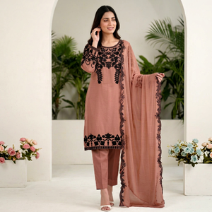 Women Traditional <b>Rose</b> Pink Cotton Salwar Kameez With <b>Black</b> Embroidery Loose Fit Ankle-Length Casual Wear India Pakistan Style - Product Image 1
